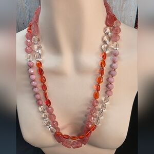 Pink Opal & Fire Quartz Multi Strand Gemstone Necklace 24" Statement